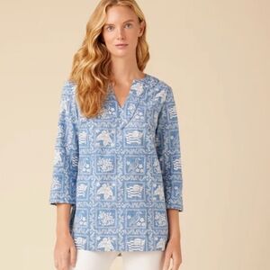 Reyn Spooner Lahaina Sailor Tunic Denim Blue and White Floral Abby Tropical Flag